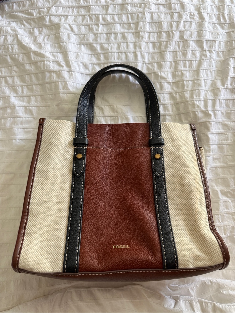 Fossil Brown, Cream & Black Canvas Leather Messenger Tote